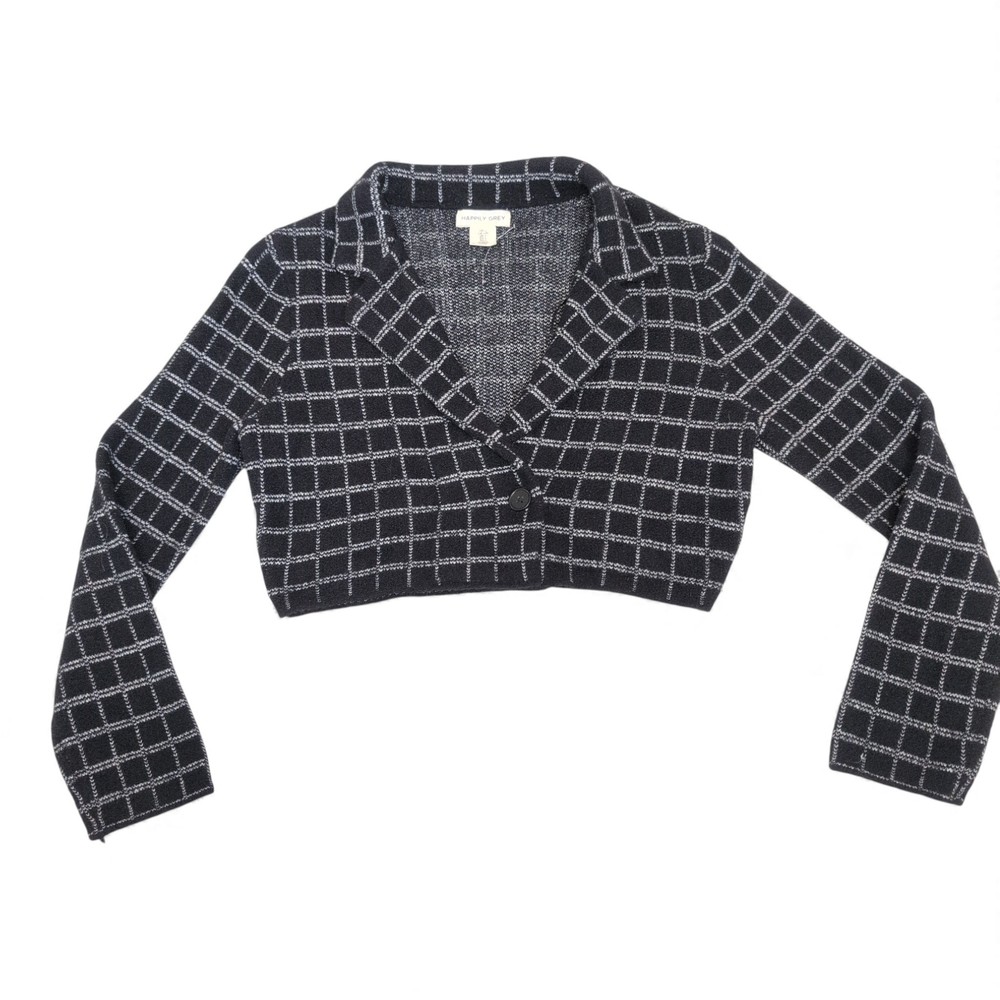 Happily Grey Black Windowpane Cropped V-Neck Cardigan Size L
